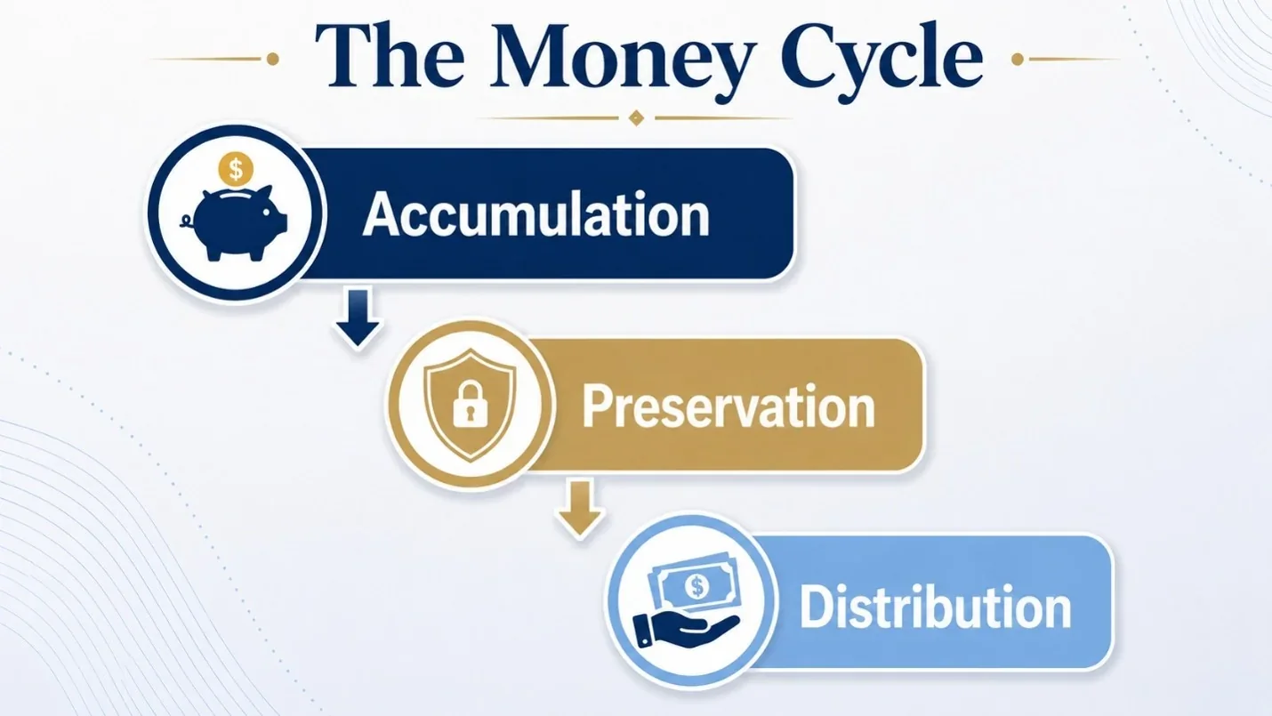 Money Cycle graphic showing Accumulation, Preservation, and Distribution phases