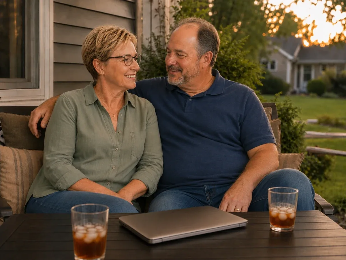A couple relaxing together on their porch at sunset