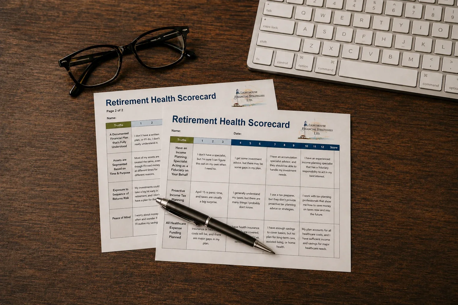 The two-page Retirement Health Scorecard displayed on a professional desktop